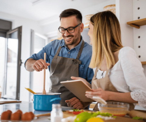 Couple in kitchen cooking on stove