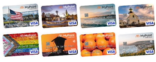 MyPoint Credit Union Debit Card designs available for instant issue.
