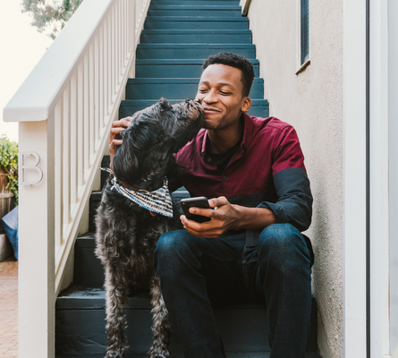 Man and dog sitting on stairs