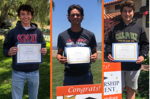 MyPoint Credit Union has three scholarship winners, each holding a congratulatory certificate.