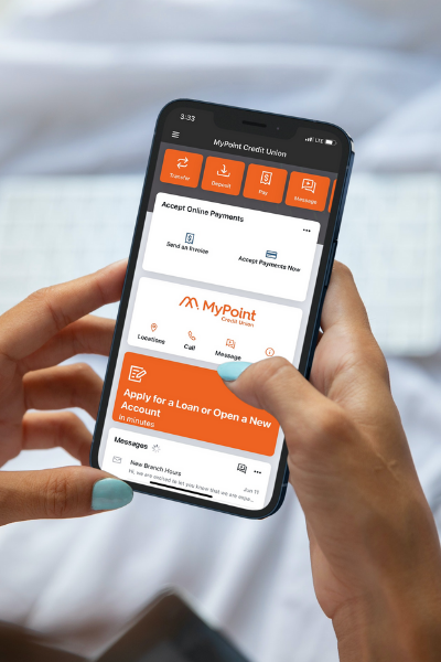 A person using MyPoint Credit Union's mobile banking app.